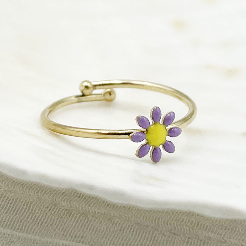 Wholesale Colorful Oil Drip Sunflower Adjustable Titanium Steel Ring